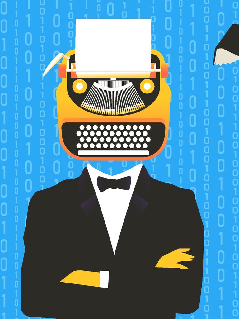 Vektor-Illustration: Mann mit einer Schreibmaschine anstelle des Kopfes, der wie ein Roboter aussieht.  