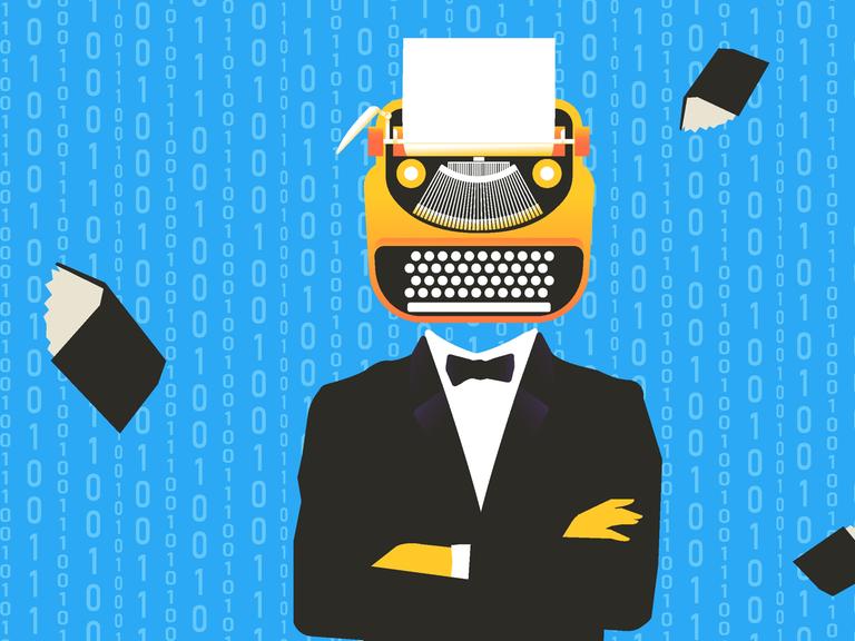 Vektor-Illustration: Mann mit einer Schreibmaschine anstelle des Kopfes, der wie ein Roboter aussieht. Vektor-Illustration: Mann mit einer Schreibmaschine anstelle des Kopfes, der wie ein Roboter aussieht.