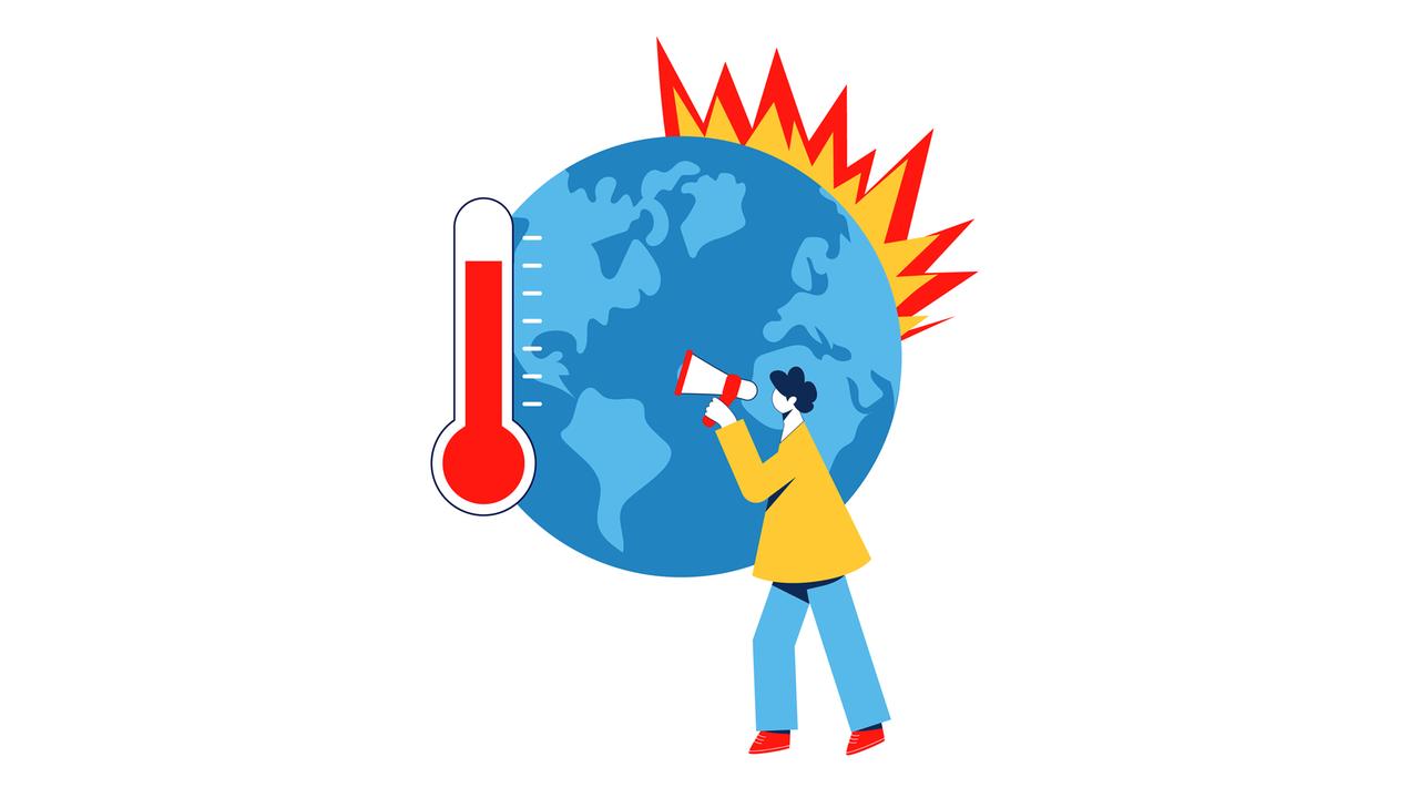 Illustration: Ein Mensch mit Megaphon vor einer Weltkugel und einem Thermometer.