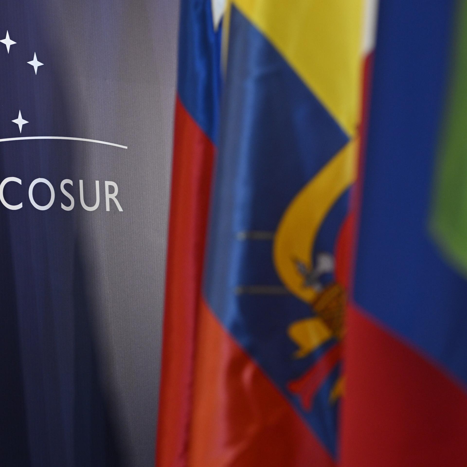 Das Logo des Mercosur ist an einer Wand hinter Flaggen der Mercosur-Mietglieder am Rande eines Gipfels des Wirtschaftsbündnisses zu sehen.