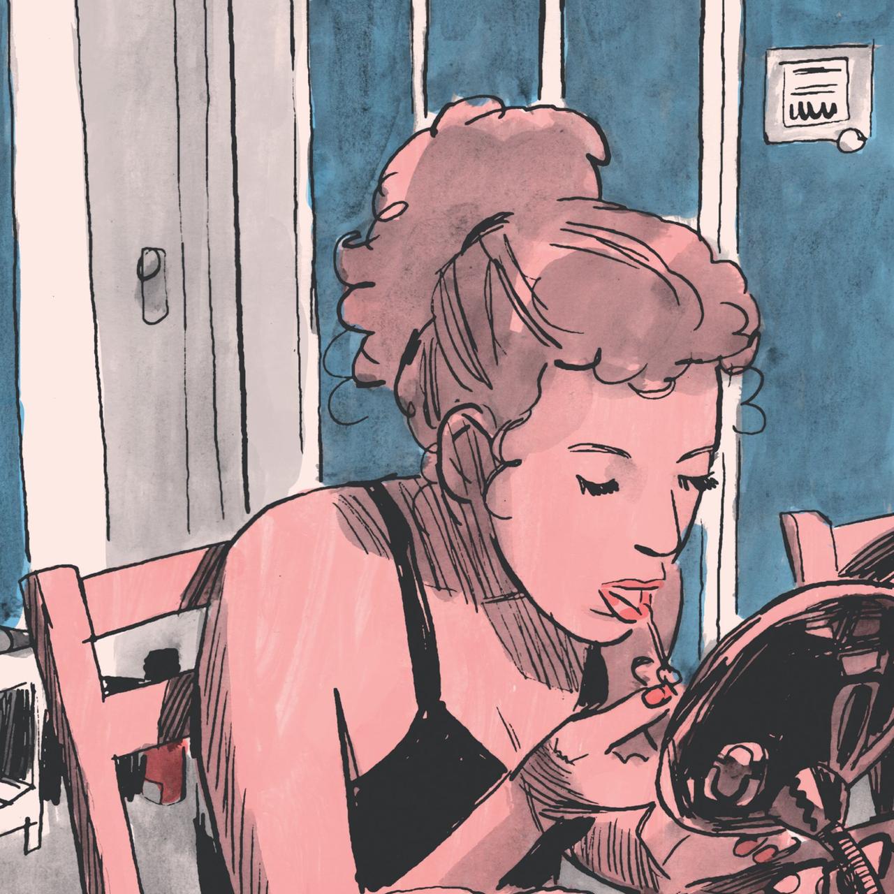 Ein Bild aus einem Comicstrip: Es zeigt ein Frau, die vor einem Fenster sitzt. Sie beugt sich zu einem Spiegel vor und schminkt ihre Lippen. Oben über der Frau ist ein Schriftzug zu sehen: "Ich verwandle mich und nehme die Rolle an, die am besten zum Thema unserer Session passt.