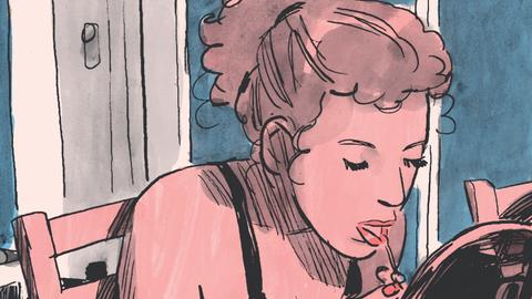 Ein Bild aus einem Comicstrip: Es zeigt eine Frau, die vor einem Fenster sitzt. Sie beugt sich zu einem Spiegel vor und schminkt ihre Lippen. Oben über der Frau ist ein Schriftzug zu sehen: "Ich verwandle mich und nehme die Rolle an, die am besten zum Thema unserer Session passt.