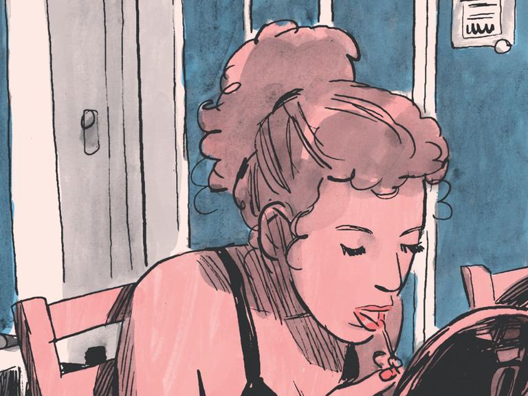 Ein Bild aus einem Comicstrip: Es zeigt eine Frau, die vor einem Fenster sitzt. Sie beugt sich zu einem Spiegel vor und schminkt ihre Lippen. Oben über der Frau ist ein Schriftzug zu sehen: "Ich verwandle mich und nehme die Rolle an, die am besten zum Thema unserer Session passt.