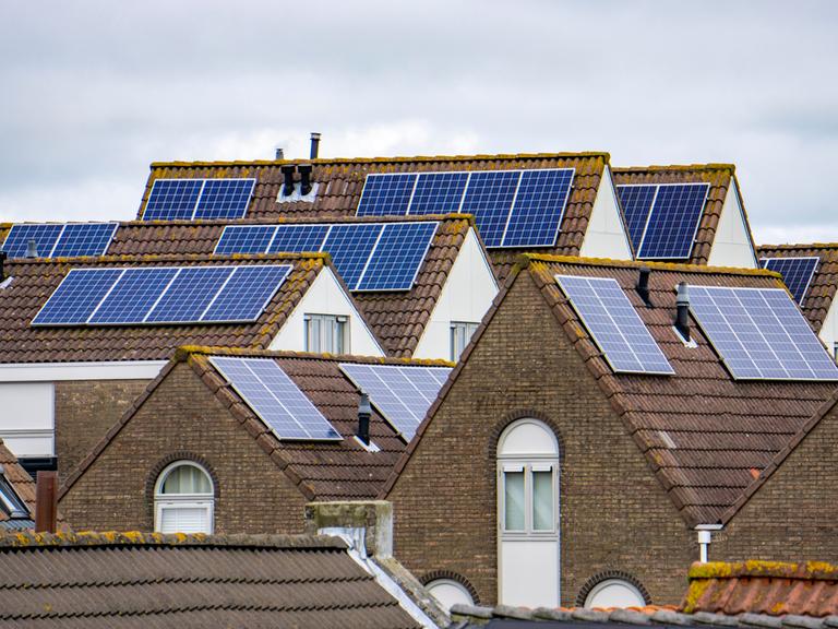 Auf Hausdächern in den Niederlanden sind Solarmodule auf Dächern zu sehen.