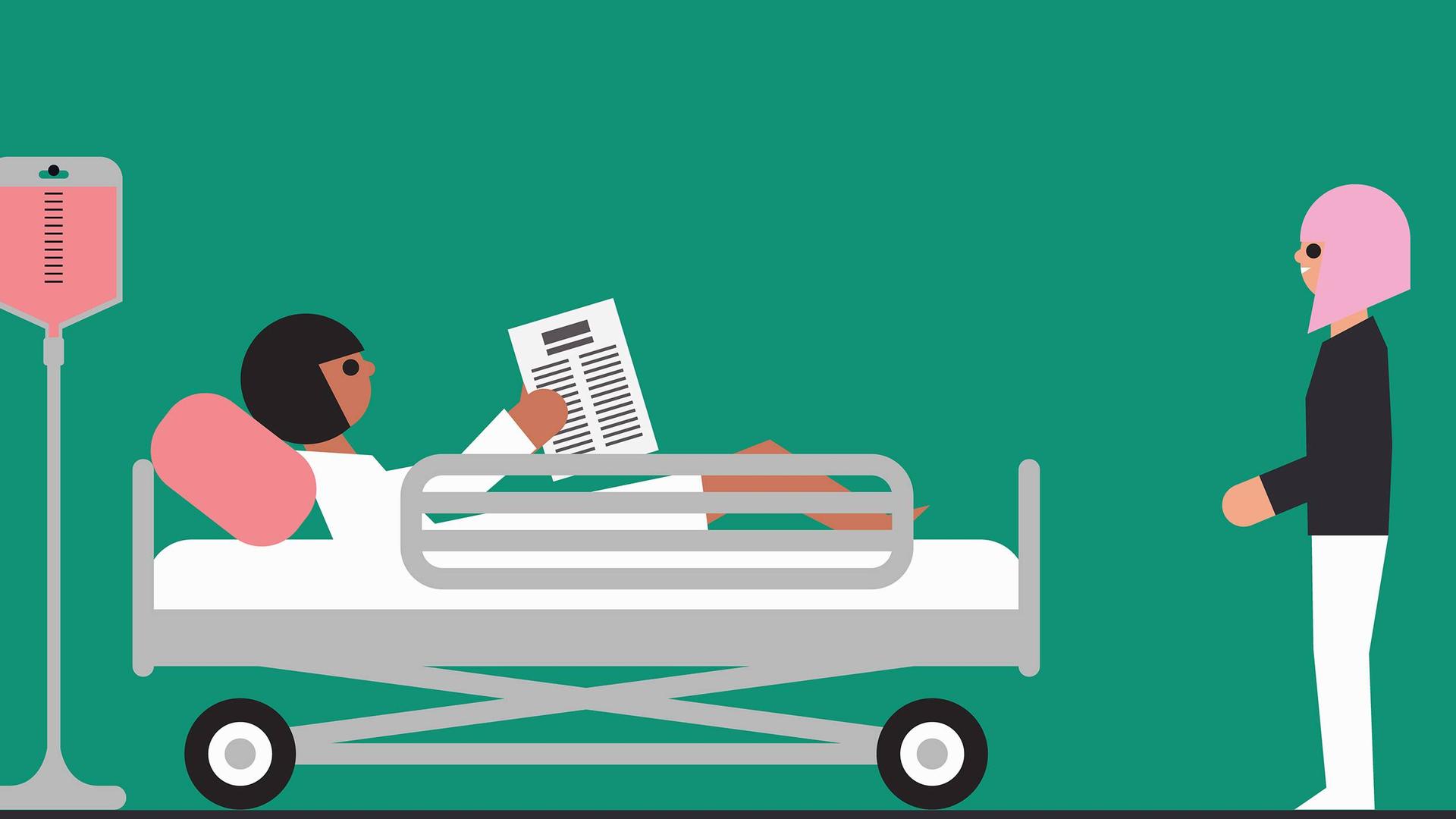 Montage von Szenen in einem Krankenhaus: Eine Patientin liegt lesend in einem Bett, eine andere Frau steht vor dem Bett.