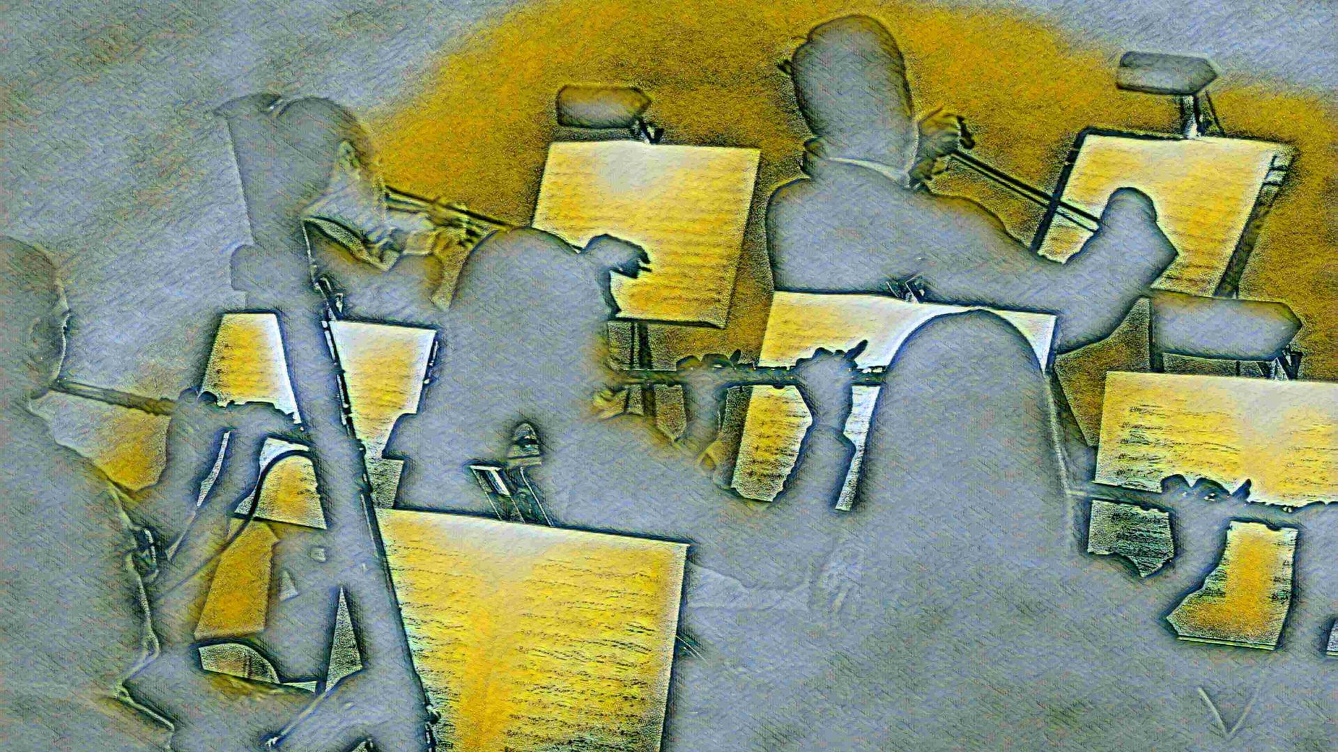 Musiker und Musikerinnen eines Orchesters von hinten