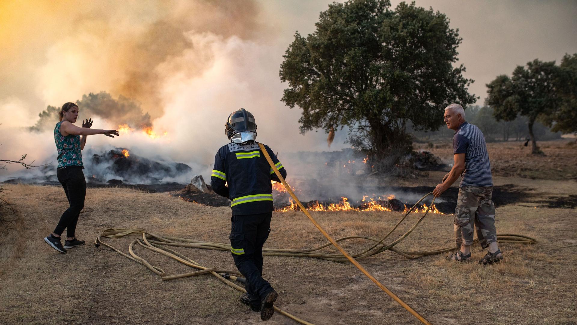 Spanien, Losacio: Ein Feuerwehrmann und zwei Nachbarn arbeiten daran, den Brand in Losacio zu löschen. Ein Mitglied der Feuerwehr, das mit dem Löschen des Brandes beschäftigt war, ist infolge des raschen Fortschreitens der Flammen in dem Gebiet ums Leben gekommen.