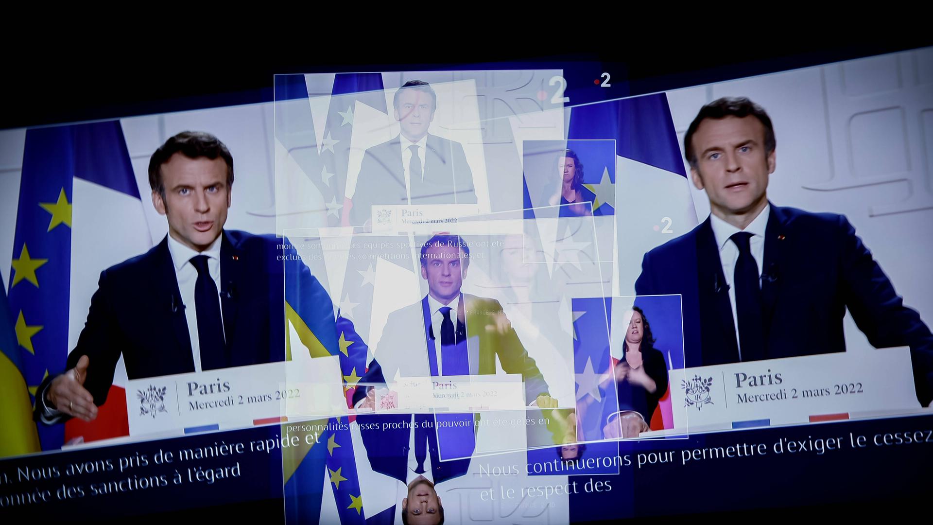 Frankreichs Präsident Emmanuel Macron bei einer Fernsehansprache zum Krieg in der Ukraine