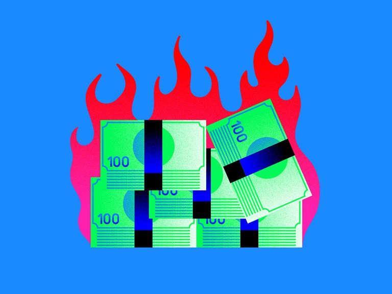 Die Grafik zeigt mehrere Geldbündel, aus denen Flammen aufsteigen.