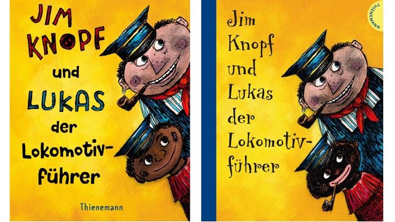 Neues und altes Cover der kolorierten Ausgabe von "Jim Knopf und Lukas der Lokomotivführer" vom Thienemann Verlag