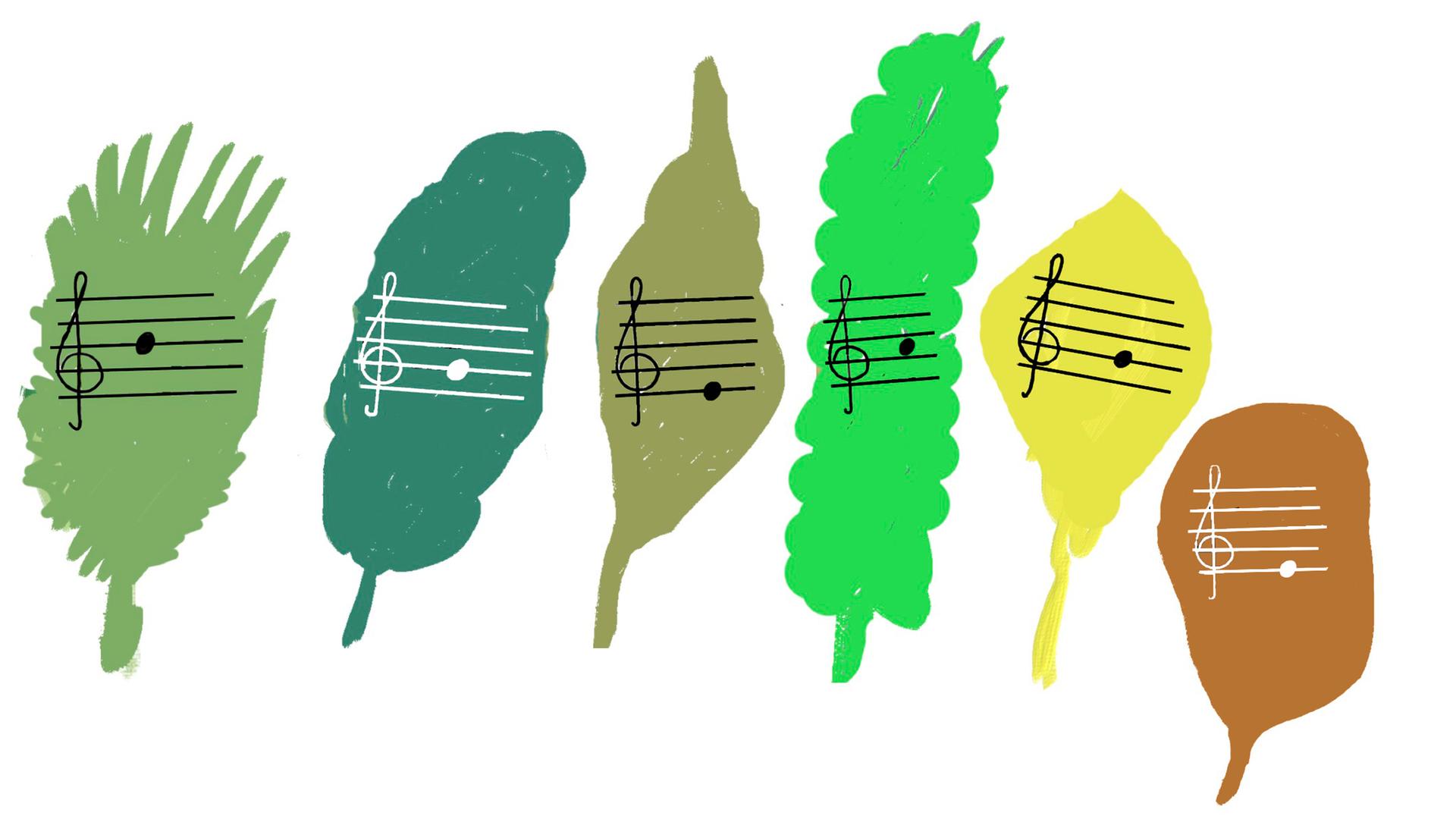 Auf Blättern in verschiedenen Grüntönen sind Notenschlüssel und eine Noten gezeichnet.