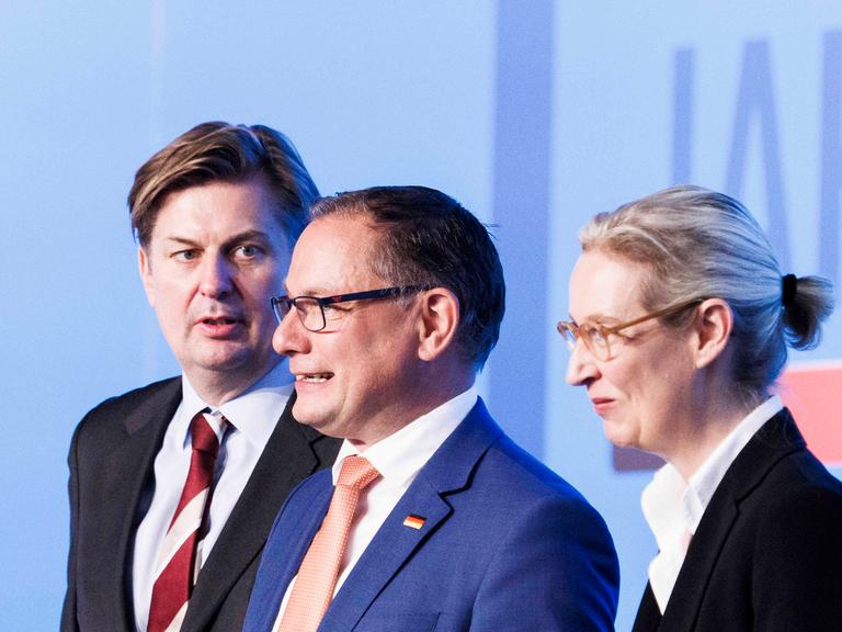 Maximilian Krah(l-r), Kandidat der AfD für den Spitzenplatz bei der Europawahl, Tino Chrupalla, AfD-Bundesvorsitzender und Fraktionsvorsitzender der AfD, und Alice Weidel, AfD-Bundesvorsitzende und Fraktionsvorsitzende der AfD, auf dem Podium bei dem AfD-Bundesparteitag in der Magdeburger Messe.