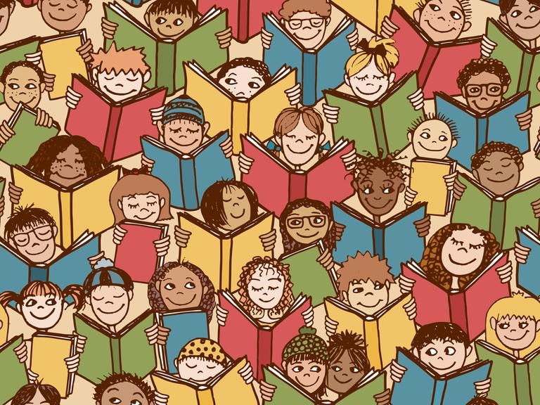 Illustration: Kinder aus verschiedenen Kulturen lesen Bücher.