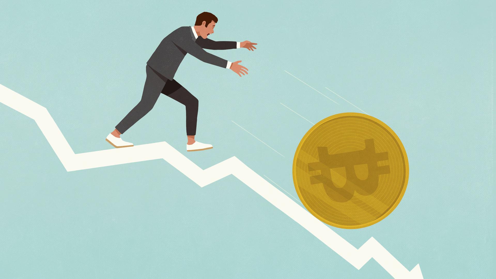Illustration: Geschäftsmann jagt einer Bitcoin-Münze hinterher, die auf einem absteigenden Kursgrafen hinunterrollt.