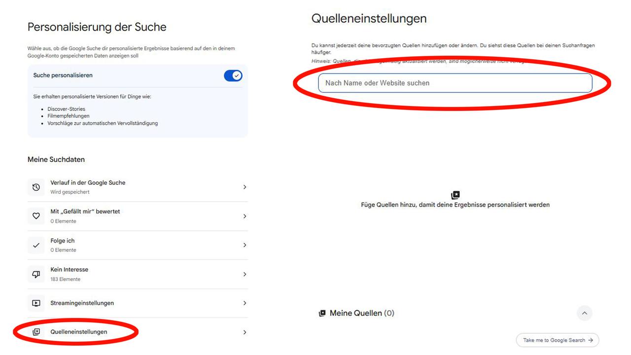 Öffnen Sie "Personalisierung der Suche", danach Auswahl "Quelleneinstellungen" öffnen.