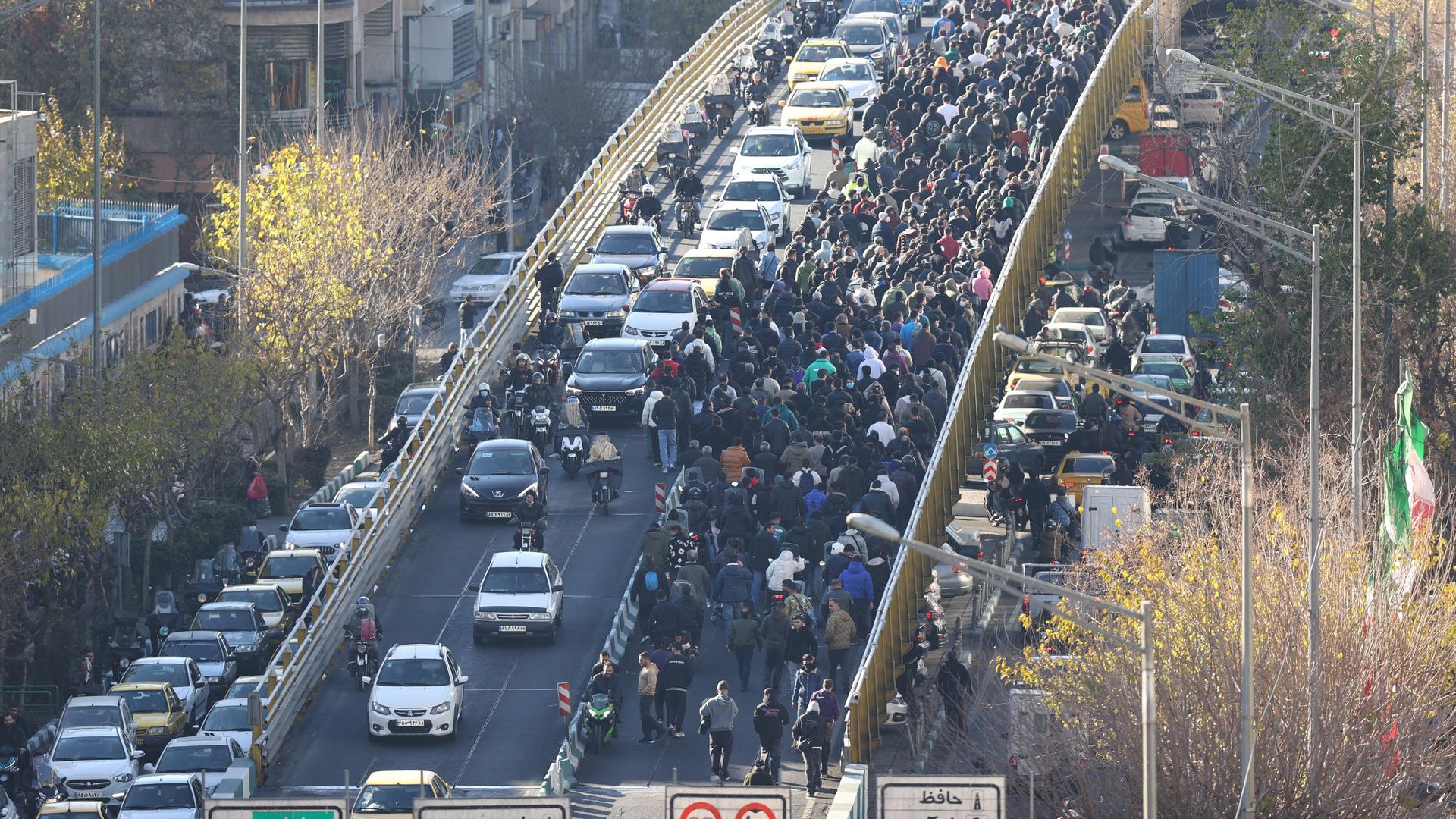 Das Bild zeigt Menschen, die in einem Protestmarsch über eine Brücke laufen. Daneben fahren Autos. Das Bild zeigt Menschen, die in einem Protestmarsch über eine Brücke laufen. Daneben fahren Autos.