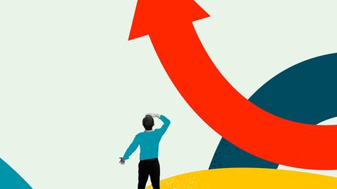 Eine Person steht zwischen einem Wirrwarr an Linien und schaut nach oben, wo sich eine Linie zu einem Pfeil formt, der nach oben zeigt.