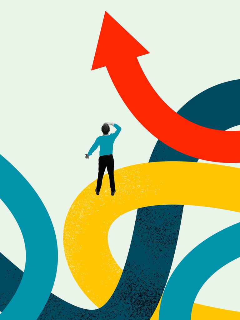 Eine Person steht zwischen einem Wirrwarr an Linien und schaut nach oben, wo sich eine Linie zu einem Pfeil formt, der nach oben zeigt.