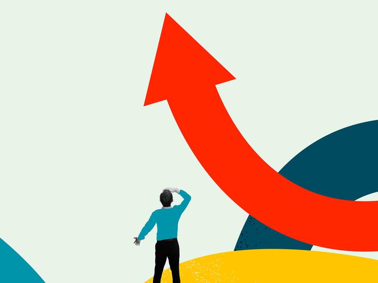 Eine Person steht zwischen einem Wirrwarr an Linien und schaut nach oben, wo sich eine Linie zu einem Pfeil formt, der nach oben zeigt.