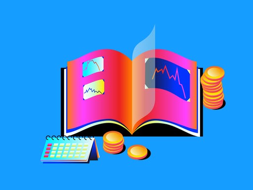 Illustration eines aufgeschlagenen Albums mit historischen Zoll-Diagrammen, daneben Stapel von Geldmünzen und ein aufgeschlagener Kalender.