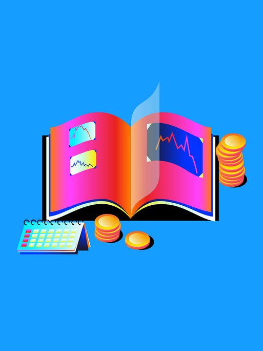 Illustration eines aufgeschlagenen Albums mit historischen Zoll-Diagrammen, daneben Stapel von Geldmünzen und ein aufgeschlagener Kalender.