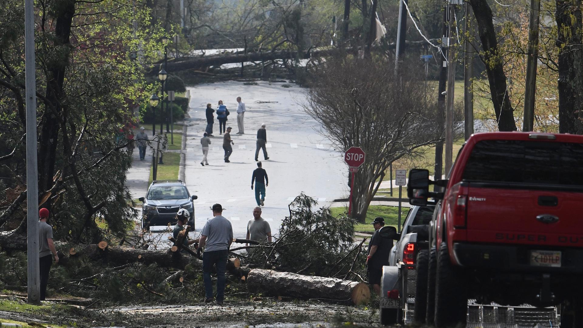 Cammack Village: Menschen arbeiten daran, Bäume auf der Straße zu beseitigen, nachdem ein Tornado durchgezogen ist.