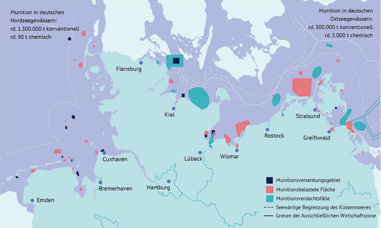 Karte von Norddeutschland mit Nordsee und Ostsee, wo Gebiete gekennzeichnet sind: als Munitionsversenkungsgebiet, Munitionsbelastete Fläche und Munitionsverdachtsfälle Karte von Norddeutschland mit Nordsee und Ostsee, wo Gebiete gekennzeichnet sind: als Munitionsversenkungsgebiet, Munitionsbelastete Fläche und Munitionsverdachtsfälle