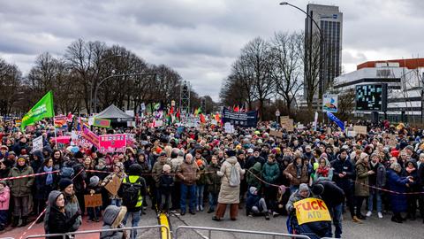 Viele Menschen demonstrieren in Hamburg. Einige halten Schilder oder Transparente hoch.