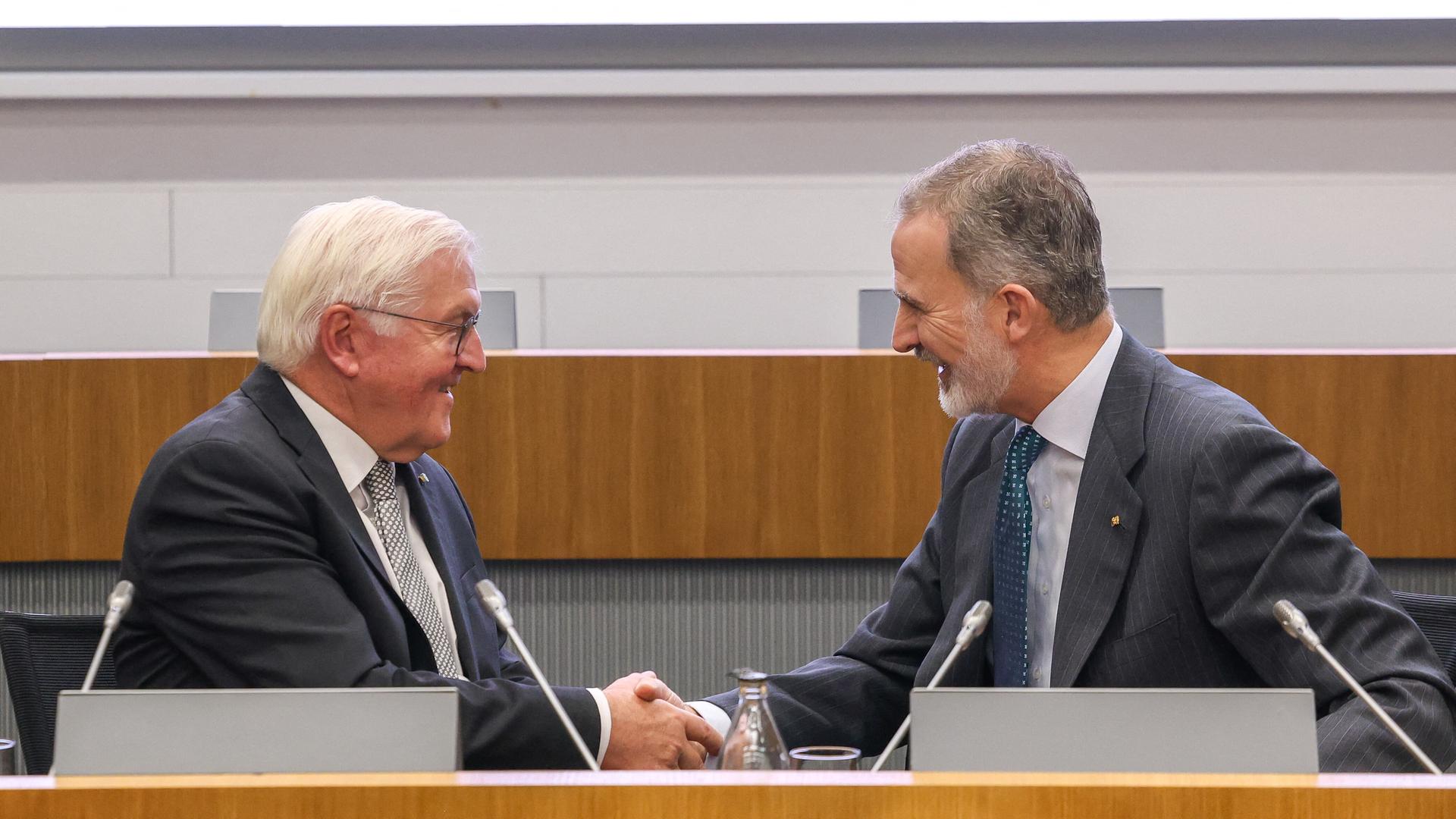 König Felipe VI. und Frank Walter Steinmeier sitzen nebeneindander, geben sich die Hände und lächeln. 