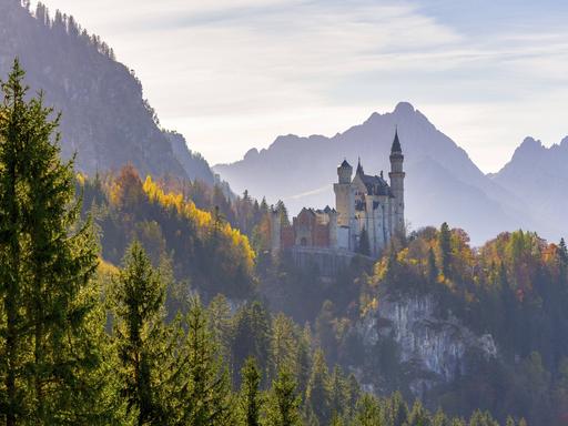 Schloss Neuschwanstein umgeben von buntem Herbstlaub und majestätischen Alpen