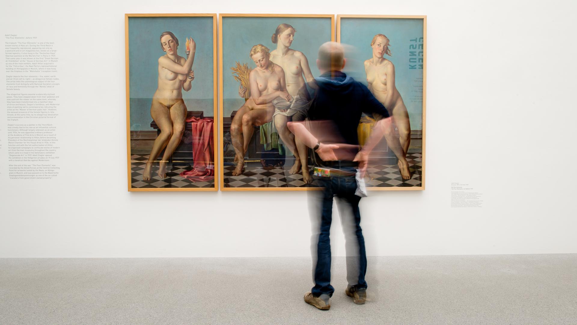 Das dreiteilige Bild "Die Vier Elemente" von Adolf Ziegler (1892-1959) zeigt nackte, blonde Frauen