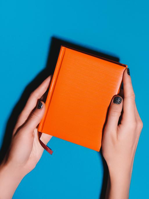 Eine Person mit dunkel lackierten Fingernägeln hält ein orangenes Tagebuch über blauem Hintergrund.
