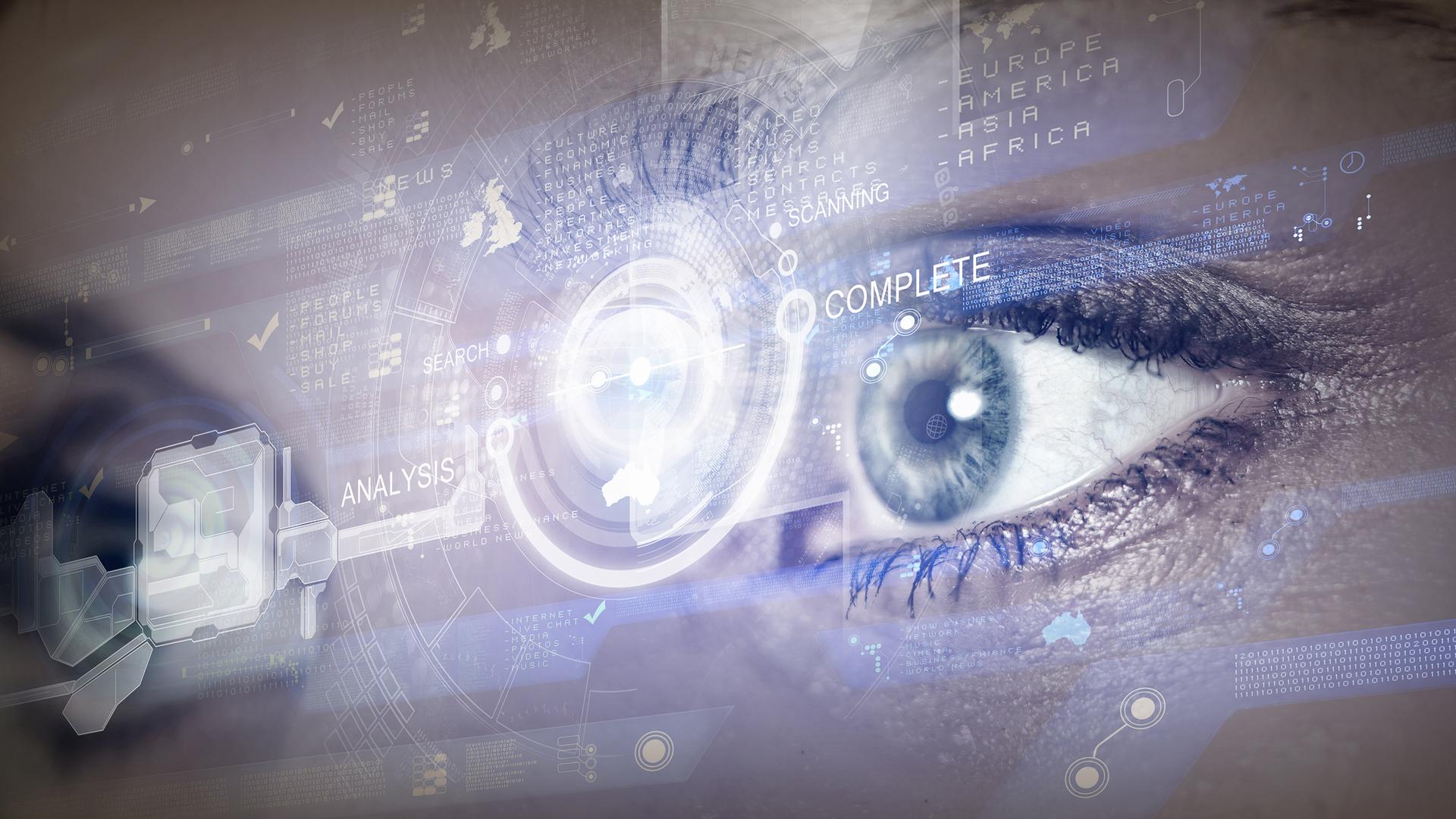 Illustration: Ein technisiert dargestelltes Auge mit den Wörtern Analysis und Complete.