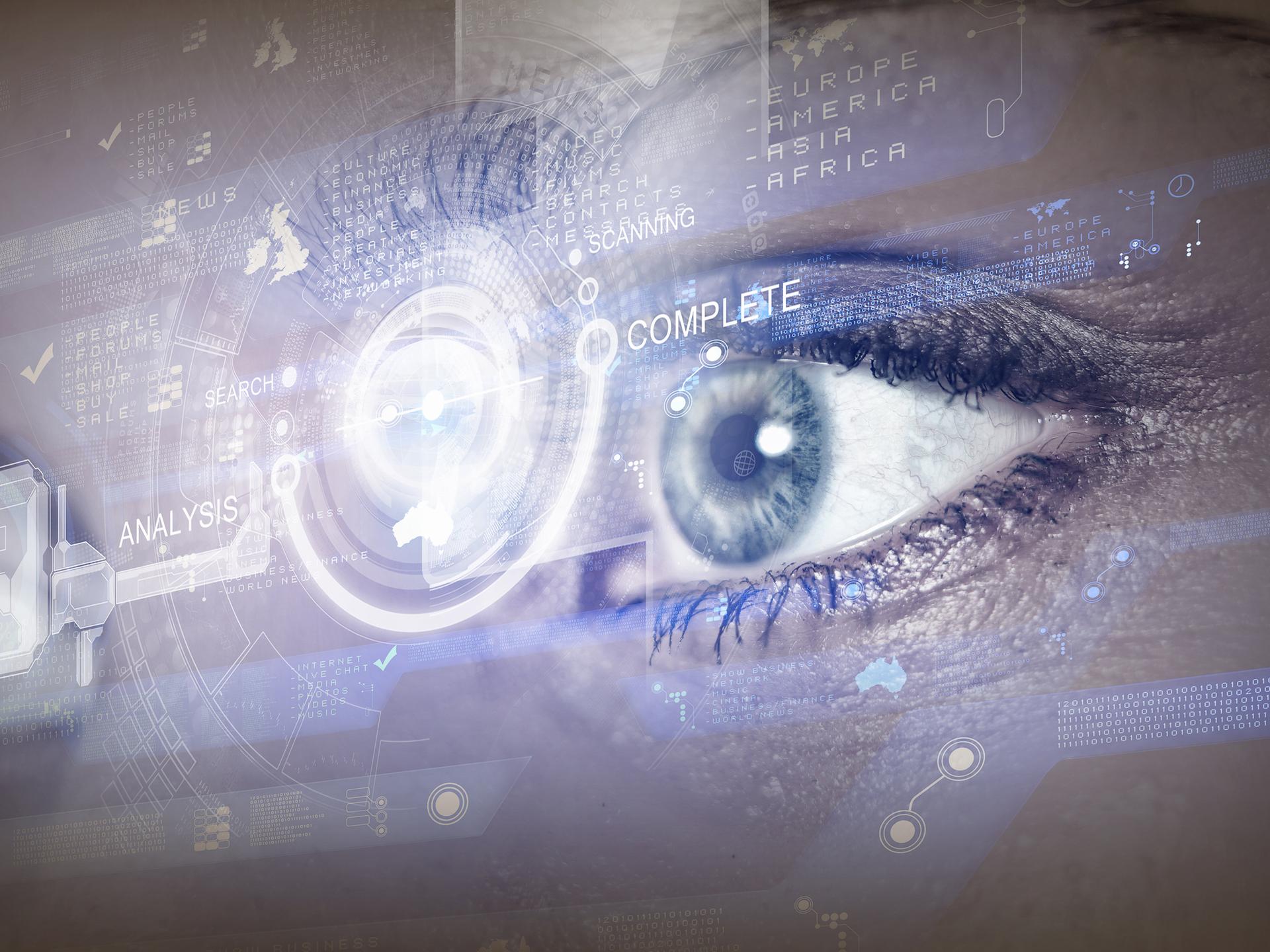 Illustration: Ein technisiert dargestelltes Auge mit den Wörtern Analysis und Complete.