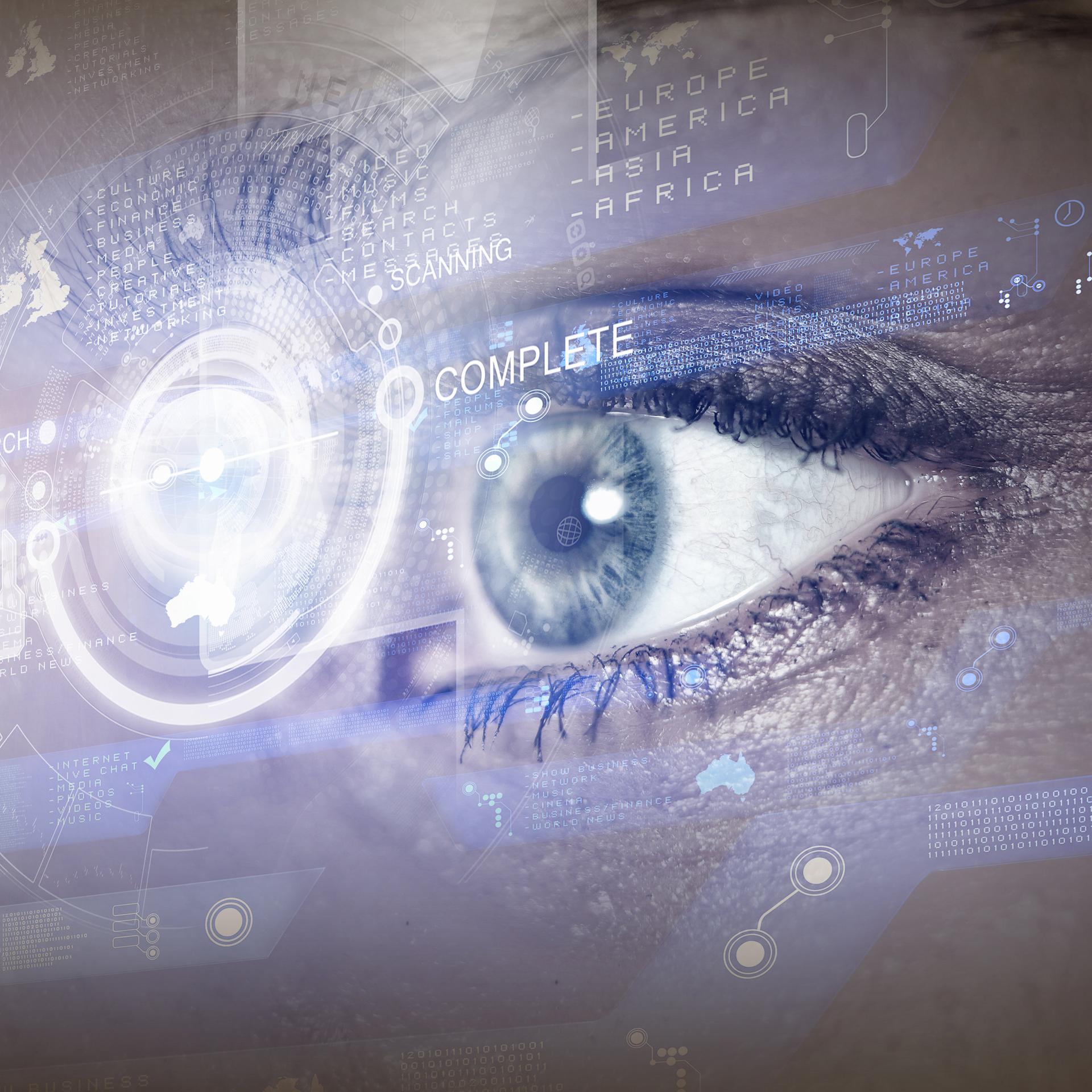 Illustration: Ein technisiert dargestelltes Auge mit den Wörtern Analysis und Complete.