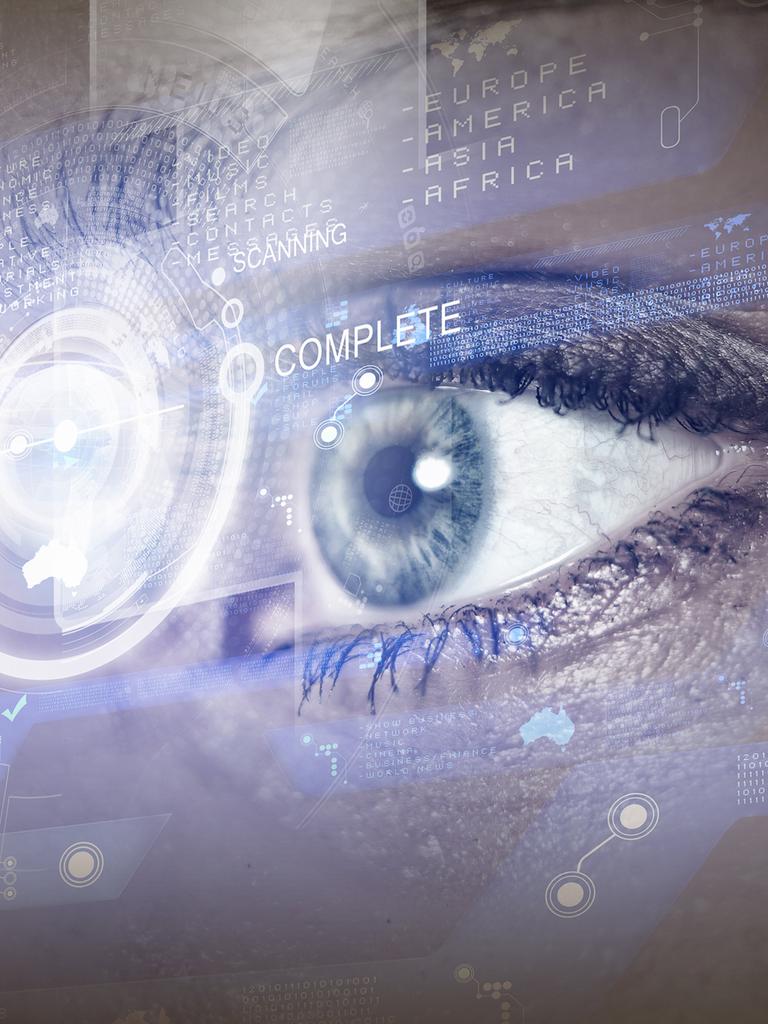 Illustration: Ein technisiert dargestelltes Auge mit den Wörtern Analysis und Complete.