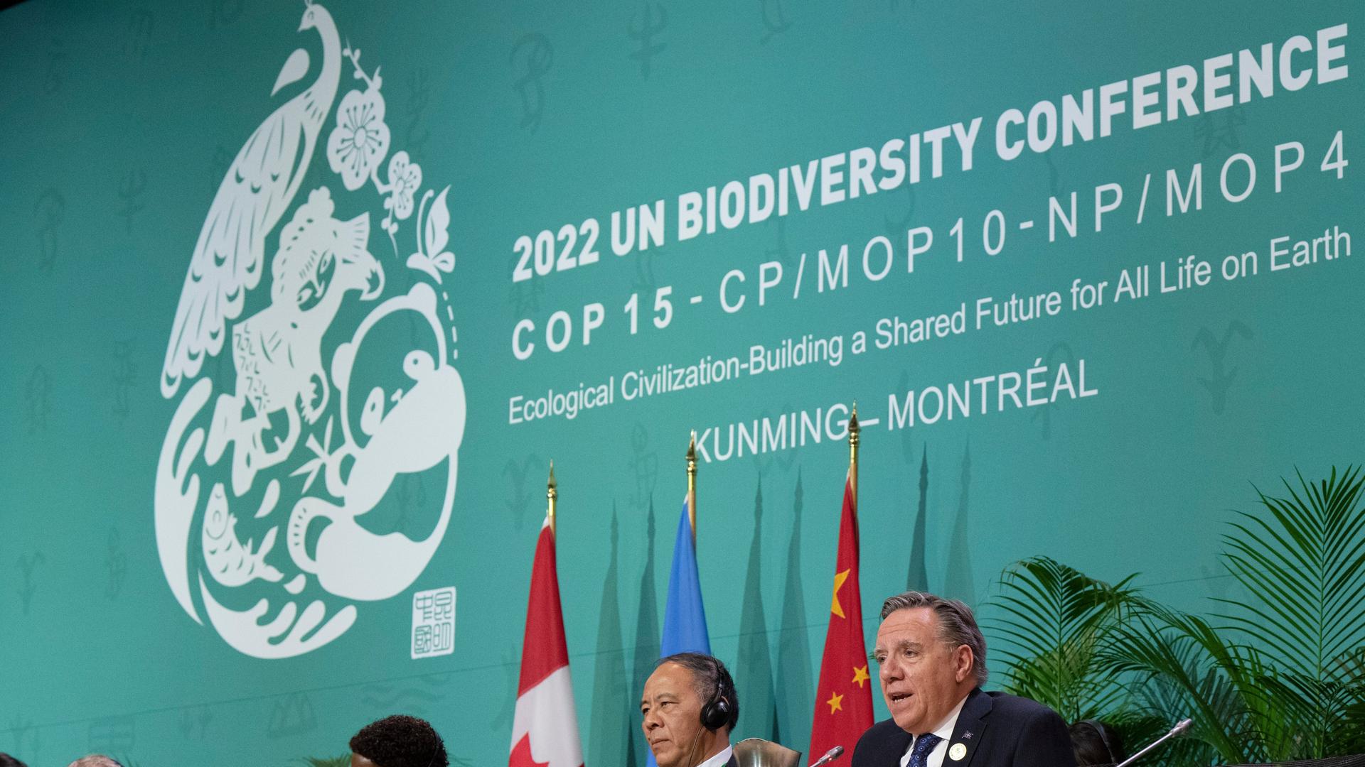 Blick auf das Podium der Weltnaturkonferenz COP15 in Montreal/Kanada