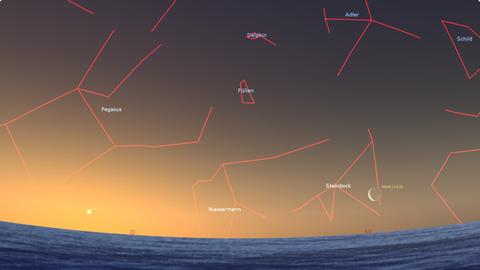 Am orangerot gefärbten Morgenhimmel sind verschiedene Sternbilder zu sehen, die rot umrandet sind.