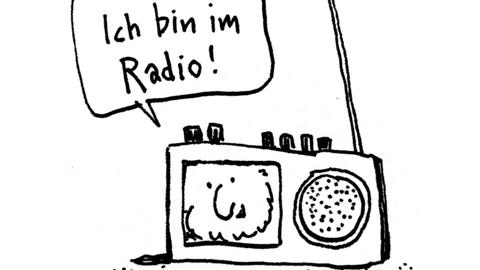 Illustration: Ein bärtiges Gesicht schaut aus einem alten Radiogerät heraus, in der Sprechblase steht "Ich bin im Radio".