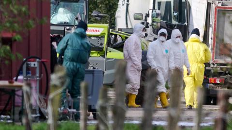 Arbeiter in Overalls und Gummistiefeln gehen über das Gelände eines landwirtschaftlichen Betriebs.