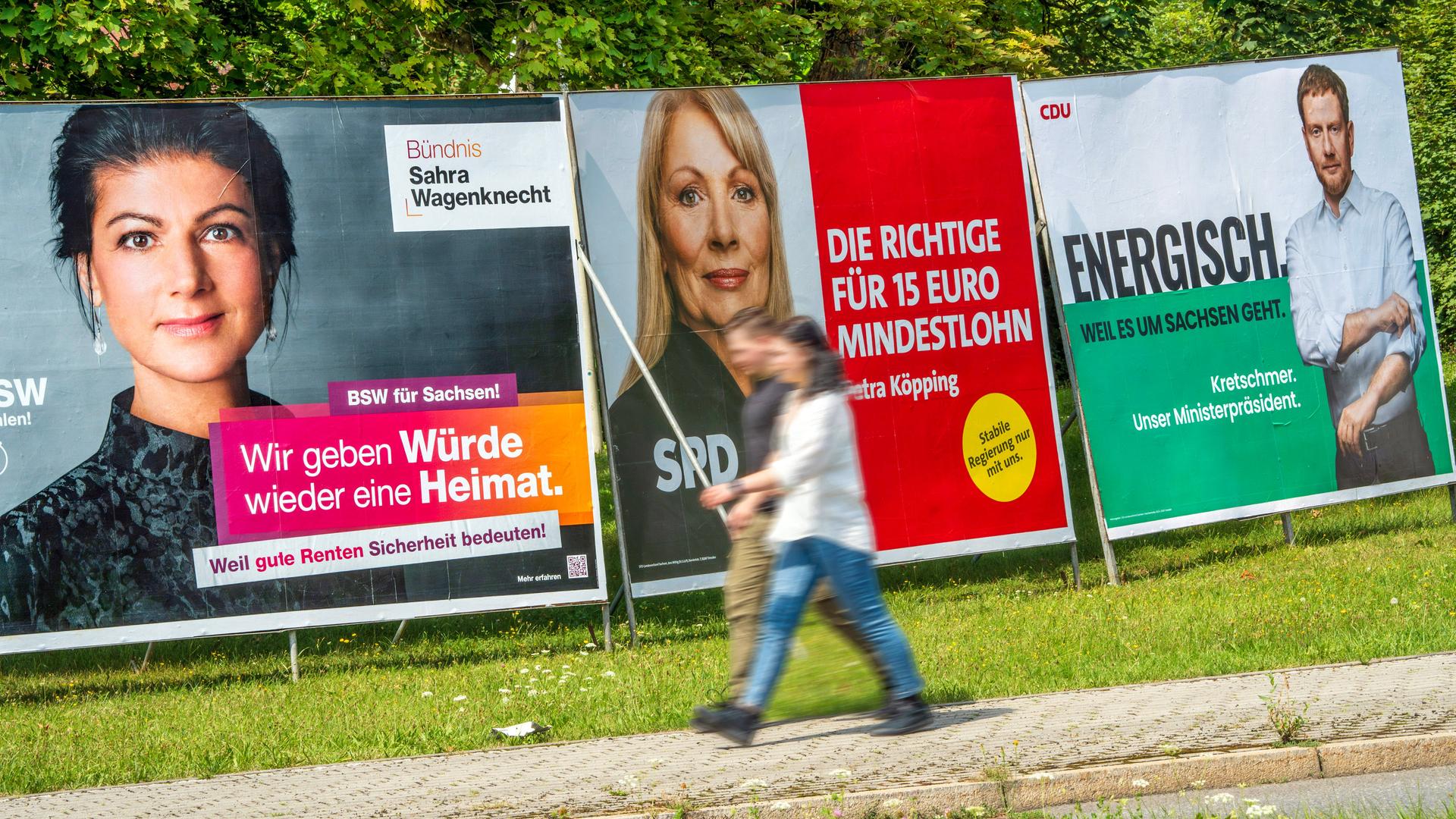 Wahlplakate von Sahra Wagenknecht, BSW, Petra Köpping, SPD, Ministerpräsident Michael Kretschmer, CDU, Wahlkampf in Sach