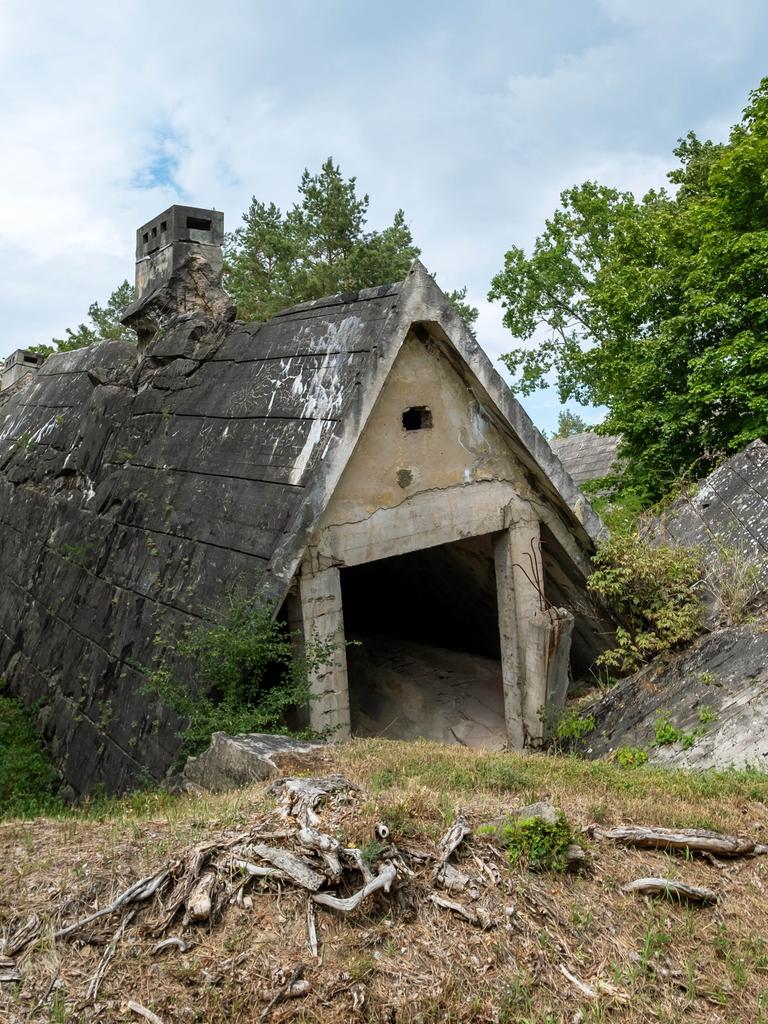 Betonreste einer Bunkeranlage ragen auf einer Waldlichtung aus dem Boden.