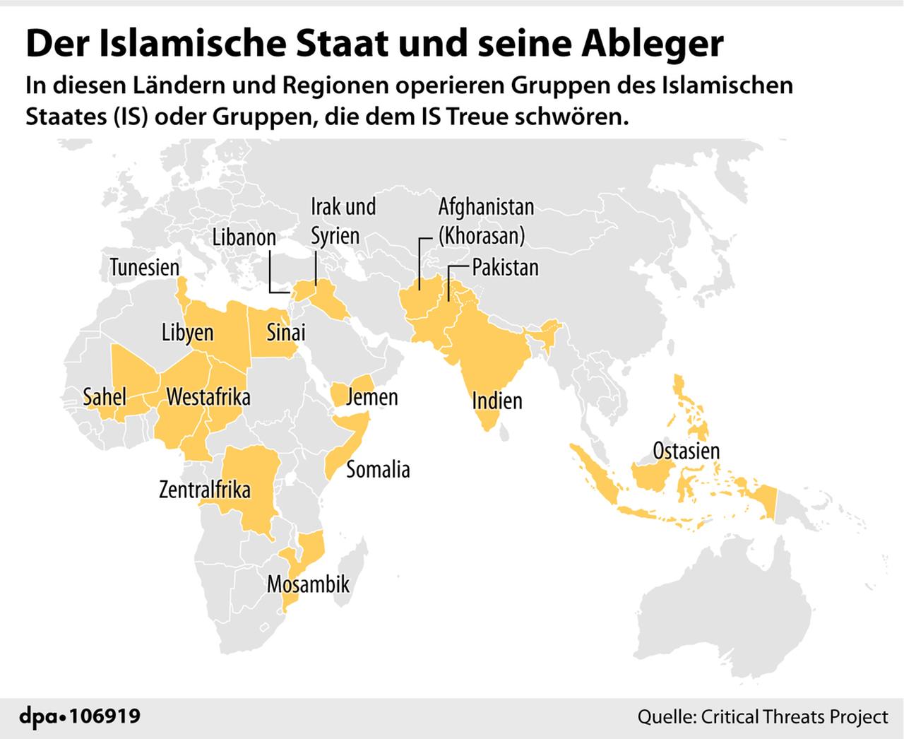 Eine Karte zeigt, in welchen Ländern oder Regionen Gruppen des sog. Islamischen Staats (IS) operieren. Markiert: Afghanistan, Pakistan, Irak, Syrien, Libanon, Ostasien, Tunesien, Libyen, Sinai, Jemen, Somalia, Mosambik, Zentralafrika, Westafrika, Sahel