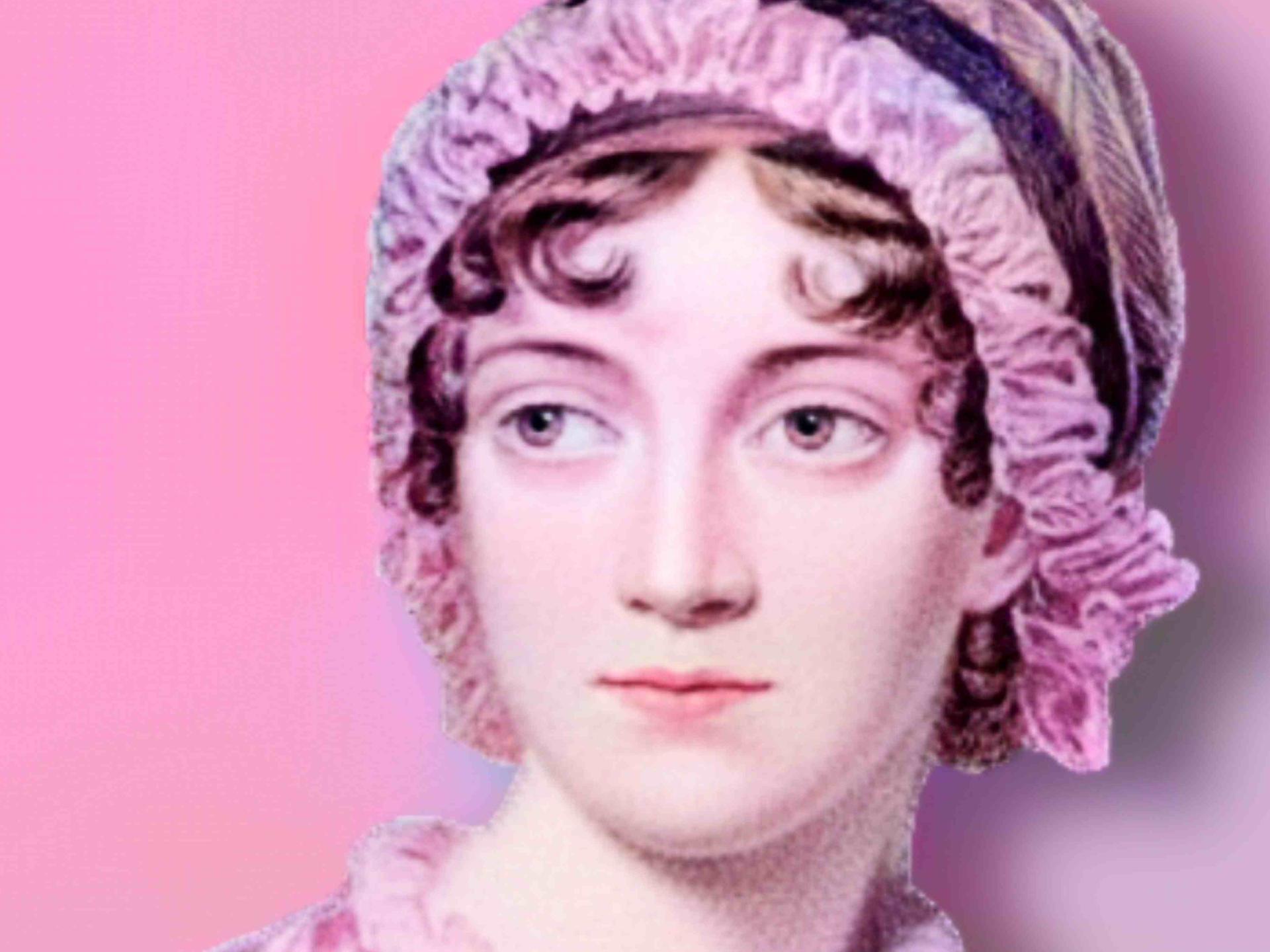 Porträt der englischen Schriftstellerin Jane Austen (1775 - 1817), pink eingefärbt, pinker Hintergrund