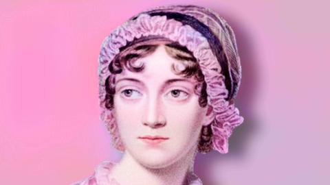 Porträt der englischen Schriftstellerin Jane Austen (1775 - 1817), pink eingefärbt, pinker Hintergrund Porträt der englischen Schriftstellerin Jane Austen (1775 - 1817), pink eingefärbt, pinker Hintergrund
