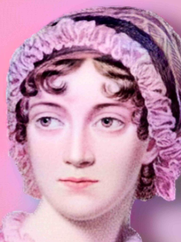 Porträt der englischen Schriftstellerin Jane Austen (1775 - 1817), pink eingefärbt, pinker Hintergrund