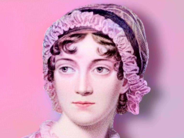 Porträt der englischen Schriftstellerin Jane Austen (1775 - 1817), pink eingefärbt, pinker Hintergrund Porträt der englischen Schriftstellerin Jane Austen (1775 - 1817), pink eingefärbt, pinker Hintergrund