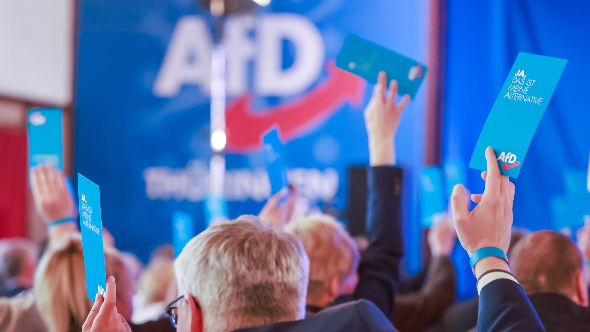 Mitglieder stimmen beim Landesparteitag der Alternative für Deutschland im Hotel Pfiffelburg in Thüringen über die Tagesordnung ab. 
