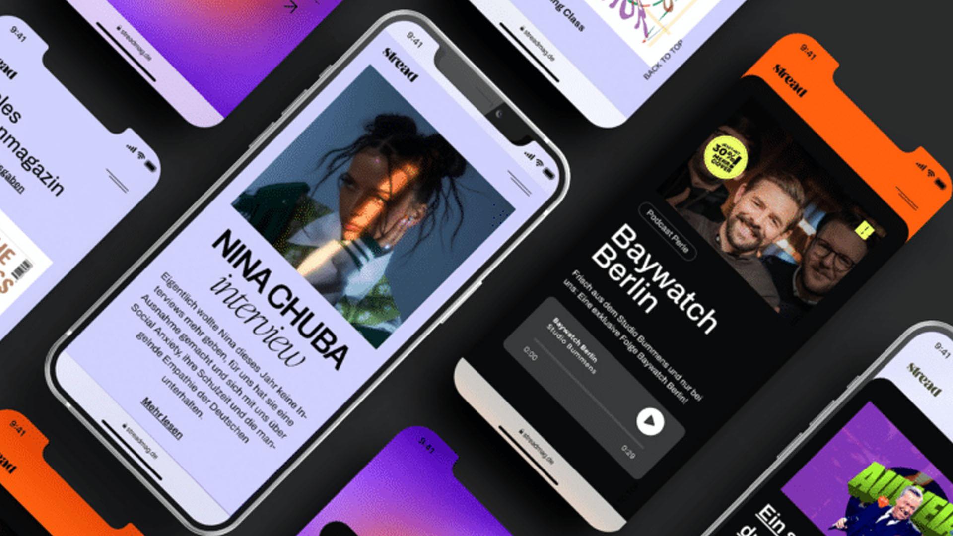 Auf mehreren Smartphones ist eine unterschiedliche Webseite vom digitalen Magazin Stread zu sehen. 