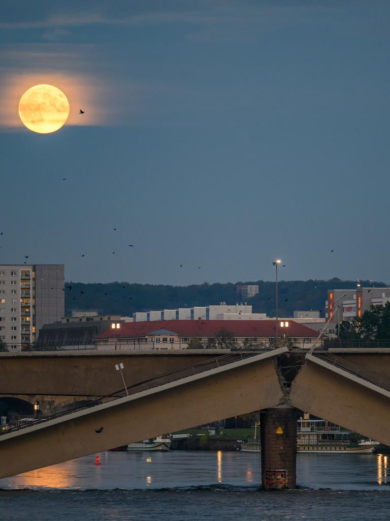 Der Vollmond ist am Abend am Himmel über der teileingestürzten Carolabrücke. Ein Strang der Brücke ist gebrochen, die Bruchstelle zeigt nach oben. Im Hintergrund sind Häuser.